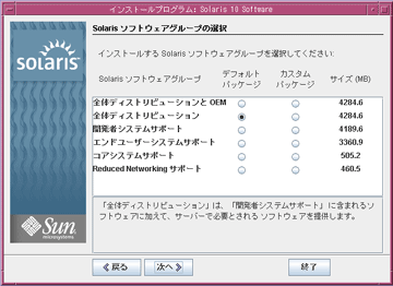 Solaris ソフトウェグループの選択